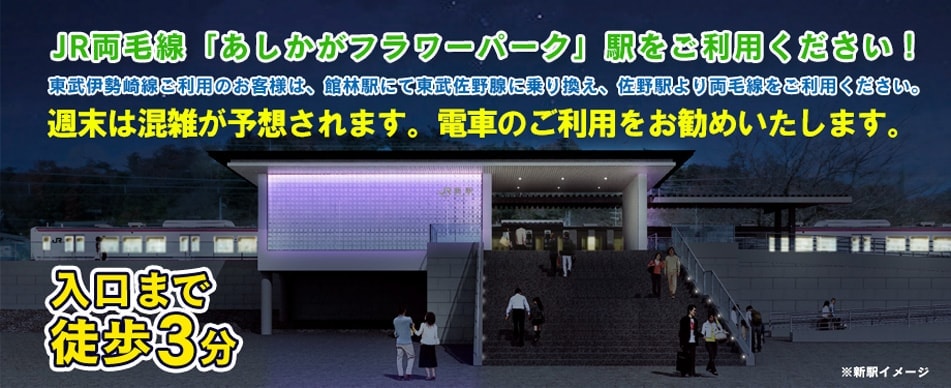 JR両毛線「あしかがフラワーパーク駅」をご利用ください。