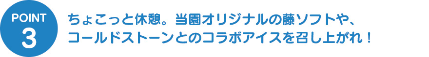 ③ちょこっと休憩。当園オリジナルの藤ソフトや、 コールドストーンとのコラボアイスを召し上がれ!