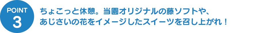 ③ちょこっと休憩。当園オリジナルの藤ソフトや、土日限定で販売する２種類のサイダーを召し上がれ！