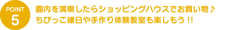 園内を満喫したらショッピングハウスでお買い物♪ちびっこ縁日や手作り体験教室も楽しもう!!